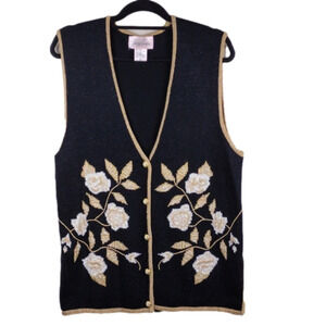 Jaclyn Smith Black Gold Metallic V-Neck Sleeveless Button Front Sweater Vest